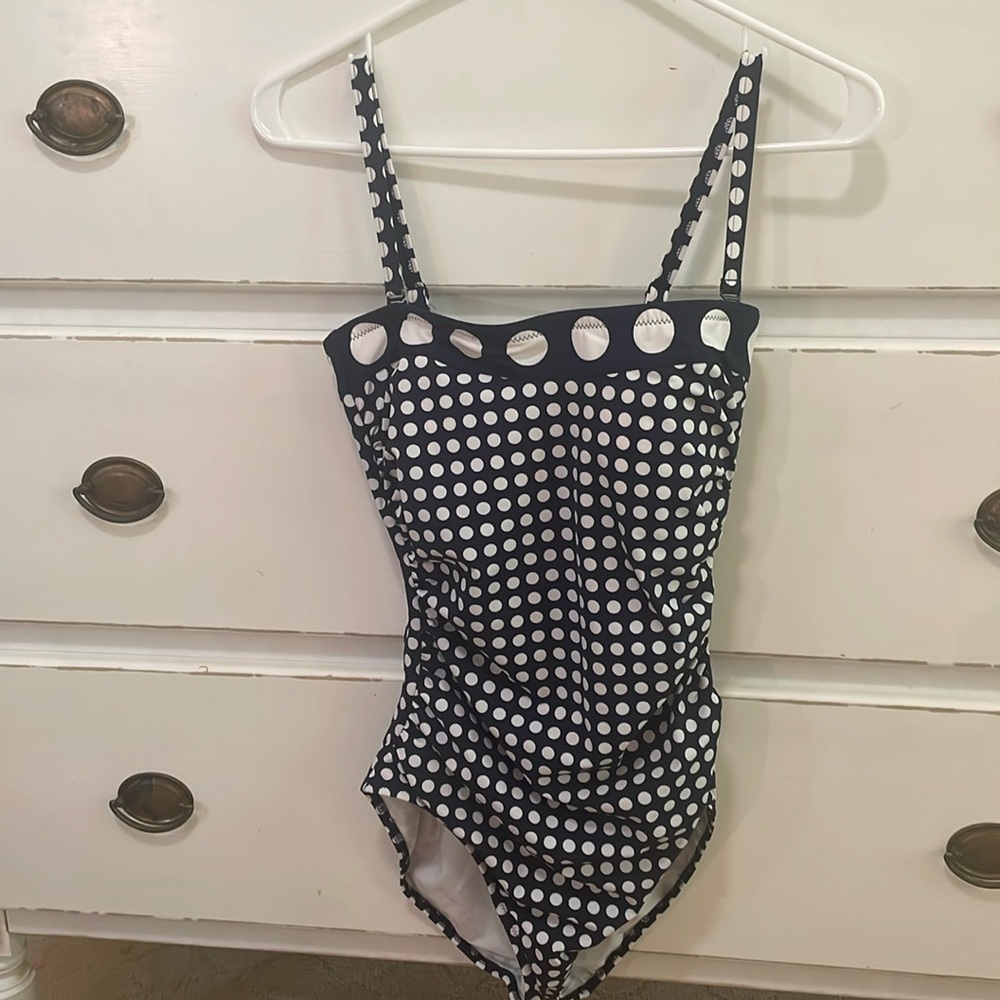 navy and white polka dot one piece medium coverage